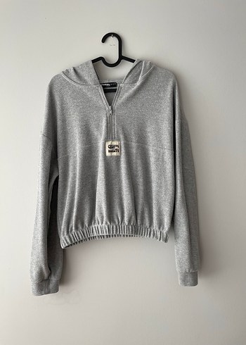 Defacto-Gri Kapüşonlu Yarım Fermuarlı Sweatshirt