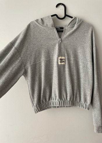 s Beden gri Renk Defacto-Gri Kapüşonlu Yarım Fermuarlı Sweatshirt