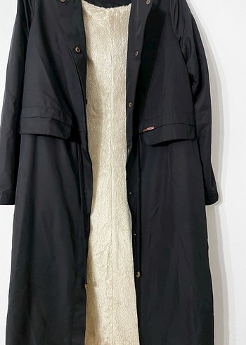 Uzun siyah yünlü kadın mont Trençkot - Görsel 3