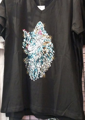 Payetli Kedi Baskılı Sokak Stili Gri Tişört - Görsel 3