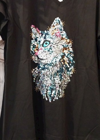 Payetli Kedi Baskılı Sokak Stili Gri Tişört - Görsel 2