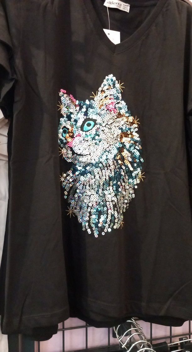 Payetli Kedi Baskılı Sokak Stili Gri Tişört - Görsel 2