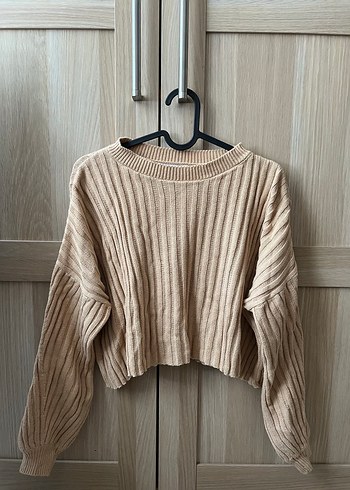 Stradivarius Bej Crop Triko Kadın Uzun Kollu Kazak