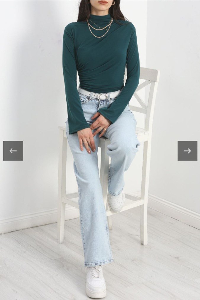 Zümrüt Yeşili Büzgülü Kadın Bluz - Görsel 5