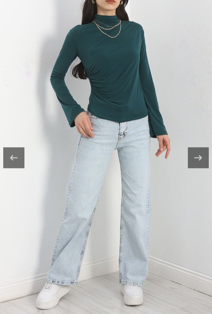 Zümrüt Yeşili Büzgülü Kadın Bluz - Görsel 3