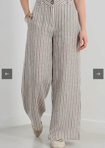 Bej Çizgili Kemerli Kadın Kumaş Keten Pantolon - Görsel 3