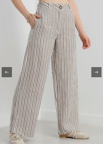 Bej Çizgili Kemerli Kadın Kumaş Keten Pantolon - Görsel 4