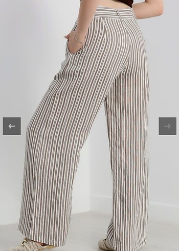 Bej Çizgili Kemerli Kadın Kumaş Keten Pantolon - Görsel 6