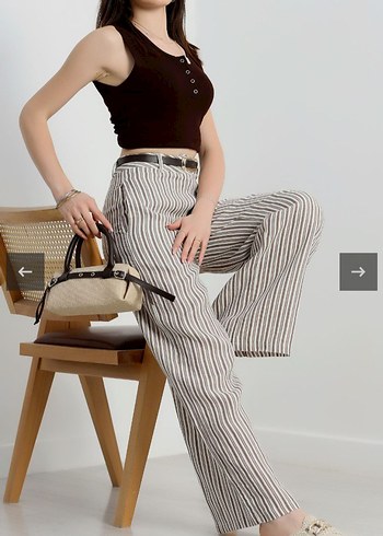 Bej Çizgili Kemerli Kadın Kumaş Keten Pantolon - Görsel 2