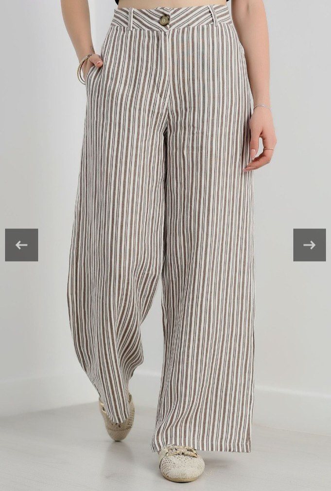 Bej Çizgili Kemerli Kadın Kumaş Keten Pantolon - Görsel 3