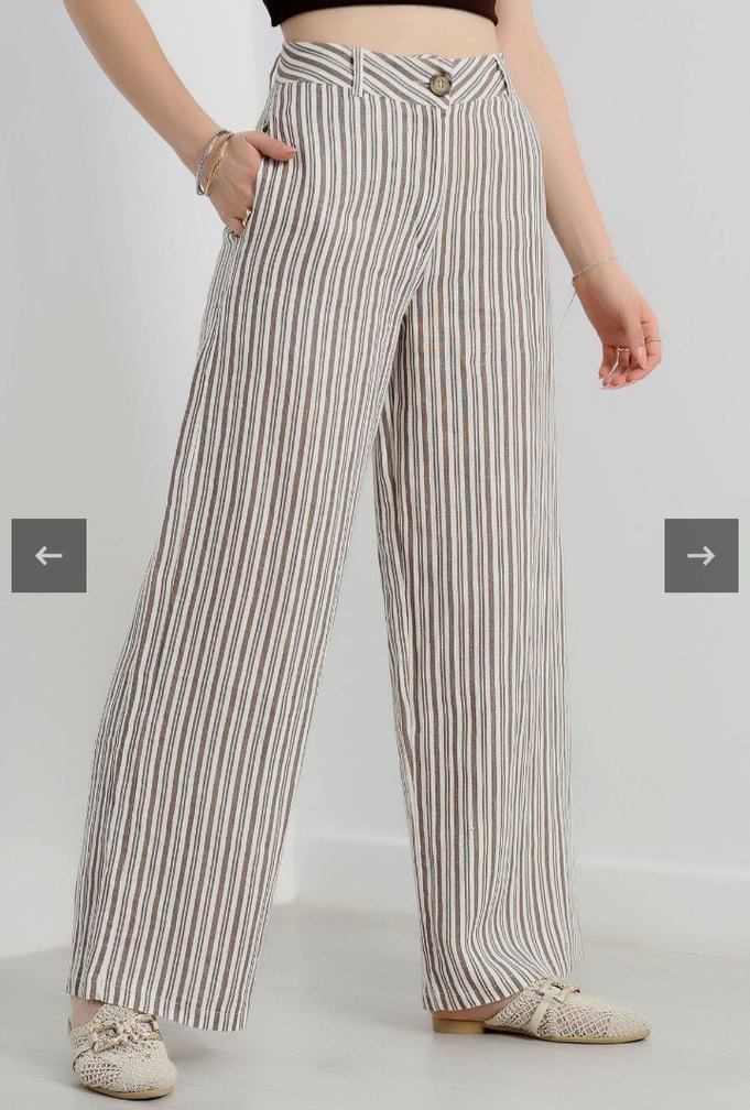 Bej Çizgili Kemerli Kadın Kumaş Keten Pantolon - Görsel 4