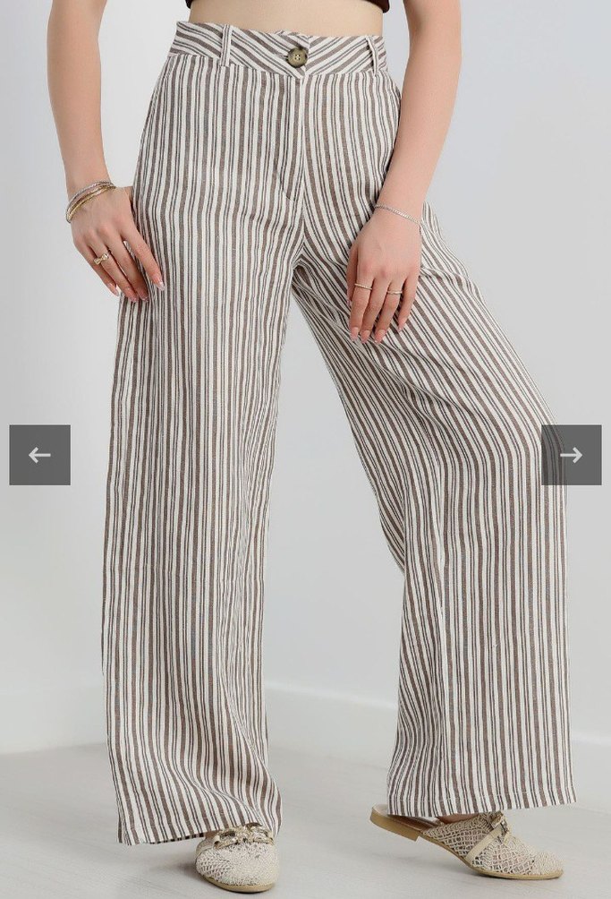 Bej Çizgili Kemerli Kadın Kumaş Keten Pantolon - Görsel 5