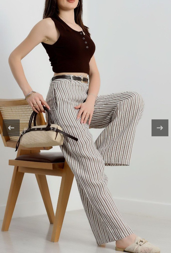 Bej Çizgili Kemerli Kadın Kumaş Keten Pantolon - Görsel 2