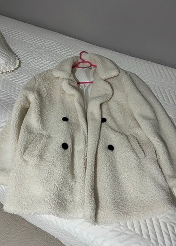 Diğer Düğmeli Krem Midi Peluş Kadın Kaban