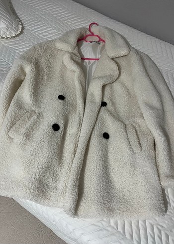 Düğmeli Krem Midi Peluş Kadın Kaban
