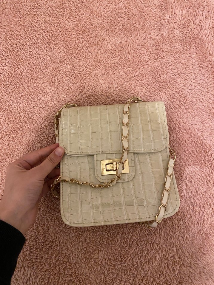 Bej Yılan Baskılı Zincir Detaylı Deri Çanta - Görsel 3