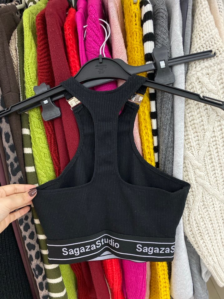 Siyah Strappy Örme Crop Top - Görsel 2