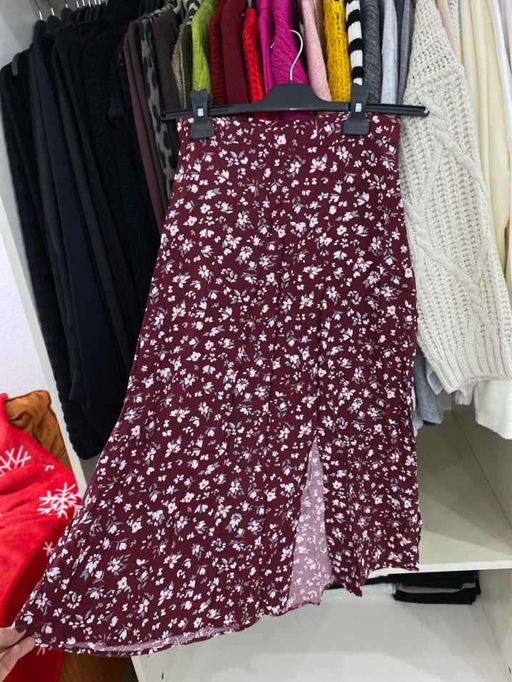 Bordo Çiçek Desenli Uzun Midi Etek - Görsel 2