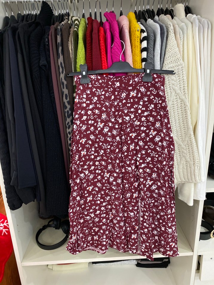 Bordo Çiçek Desenli Uzun Midi Etek - Görsel 3