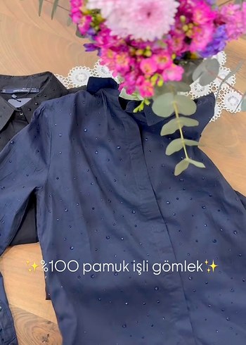 Kadın Lacivert Pamuk İşlemeli Mini Gömlek