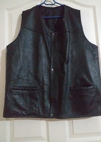 Düğmeli Siyah Deri Erkek Biker Yelek - Görsel 2