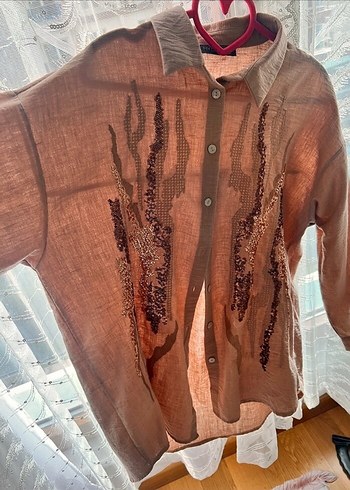 Bej Nakışlı Uzun Kollu Keten Gömlek - Görsel 3