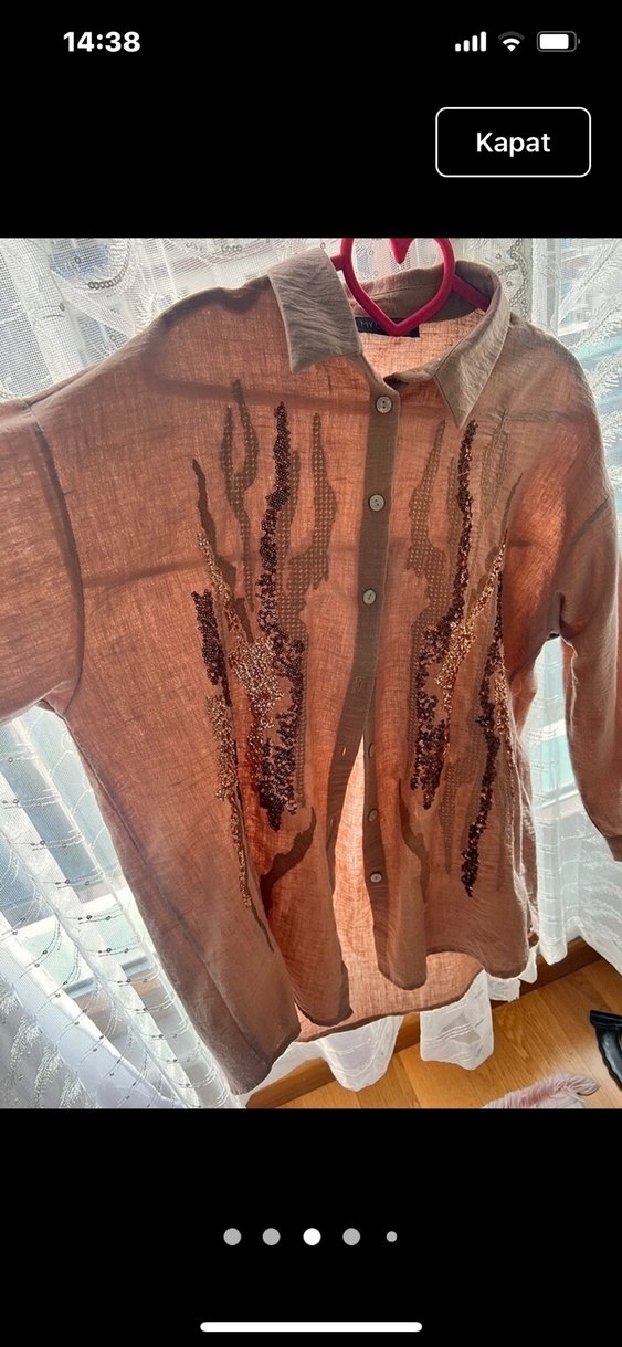 Bej Nakışlı Uzun Kollu Keten Gömlek - Görsel 3