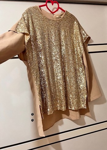 Parlak Altın Kadın Bluz, Uzun Kollu, Salaş krep - Görsel 4