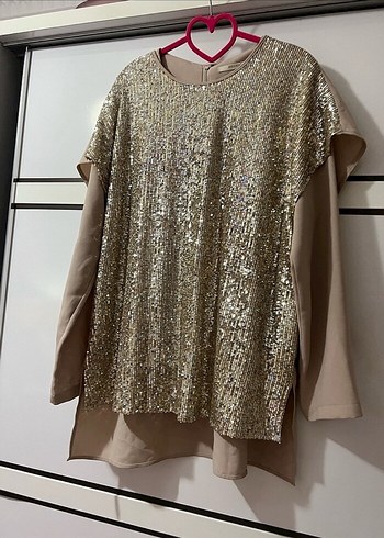 Parlak Altın Kadın Bluz, Uzun Kollu, Salaş krep - Görsel 2