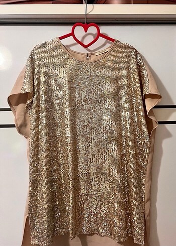 Parlak Altın Kadın Bluz, Uzun Kollu, Salaş krep - Görsel 3