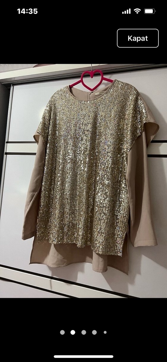 Parlak Altın Kadın Bluz, Uzun Kollu, Salaş krep - Görsel 2