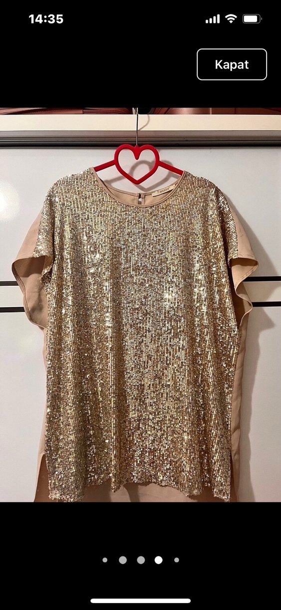 Parlak Altın Kadın Bluz, Uzun Kollu, Salaş krep - Görsel 3