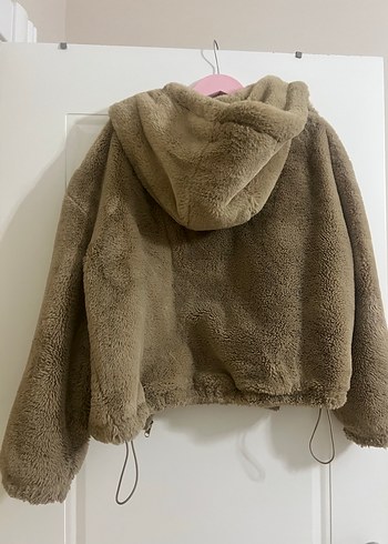 Bej Kapşonlu Kadın Peluş mont kaban - Görsel 5