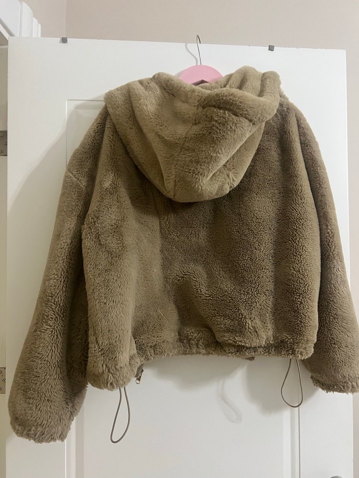 Bej Kapşonlu Kadın Peluş mont kaban - Görsel 5