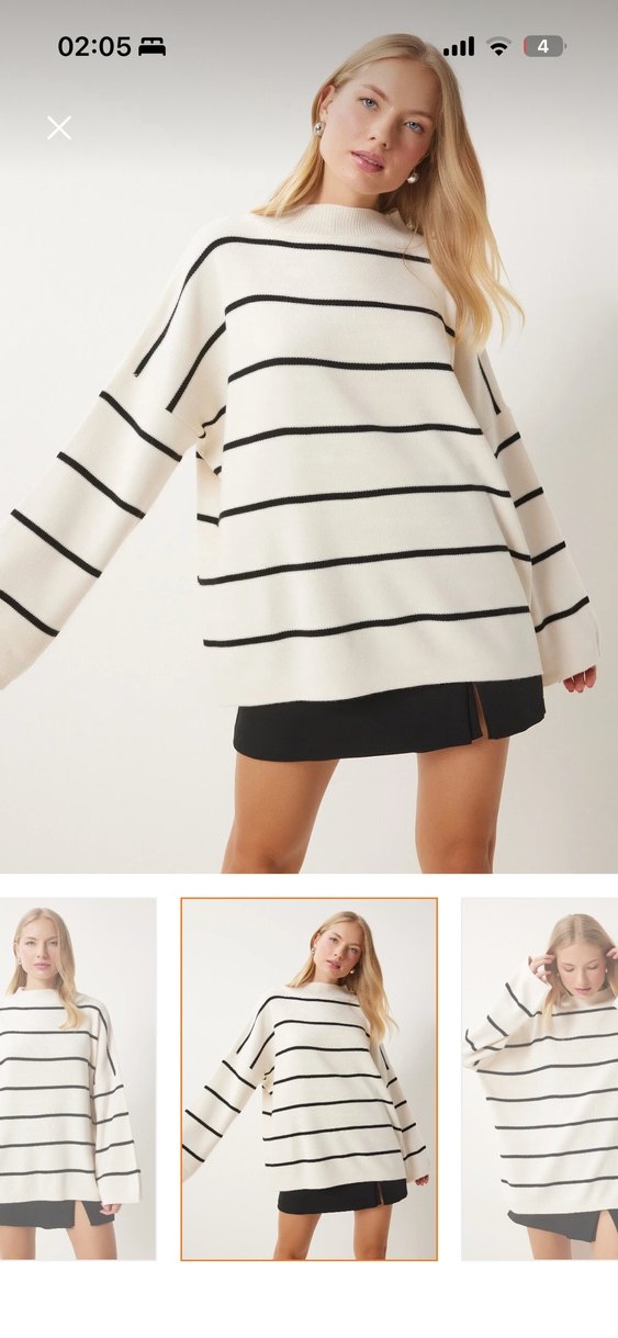 Kadın Beyaz Çizgili Pamuklu Triko Kazak - Görsel 2