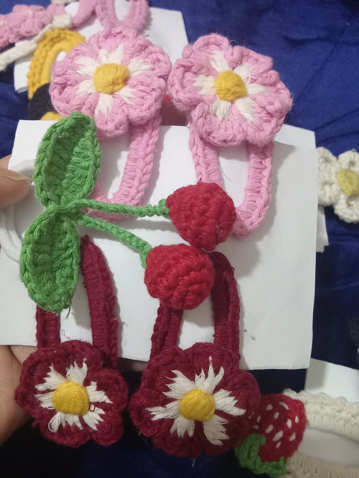 Renkli Örgü Çiçekli ve Kirazlı Çocuk Toka Seti - Görsel 2