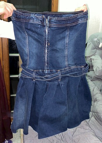 Kadın Kot Straplez Kemerli Kısa Tulum - Görsel 2