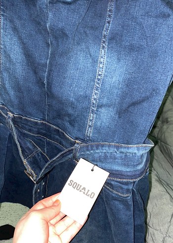 Kadın Kot Straplez Kemerli Kısa Tulum - Görsel 3