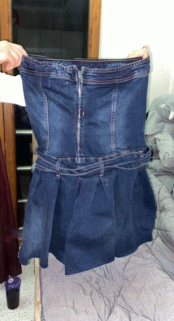 Kadın Kot Straplez Kemerli Kısa Tulum - Görsel 2