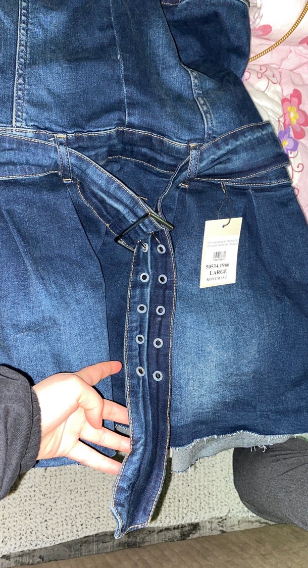 Kadın Kot Straplez Kemerli Kısa Tulum - Görsel 5