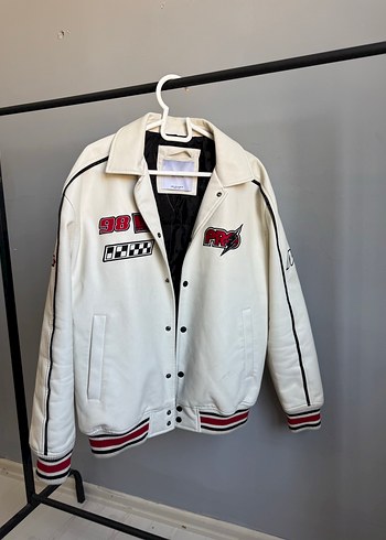 Beyaz Deri Baskılı Streetwear Ceket