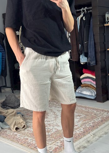Bej Keten Bermuda Şort - Görsel 2