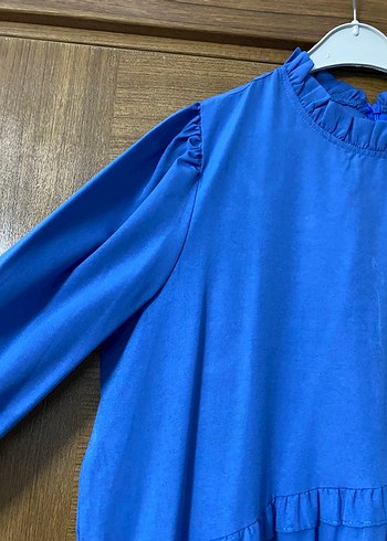 Mavi Uzun Keten Elbise, Fırfırlı, Bohem Tarz - Görsel 4