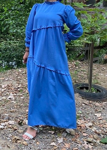 Mavi Uzun Keten Elbise, Fırfırlı, Bohem Tarz - Görsel 6