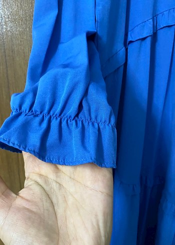 Mavi Uzun Keten Elbise, Fırfırlı, Bohem Tarz - Görsel 3