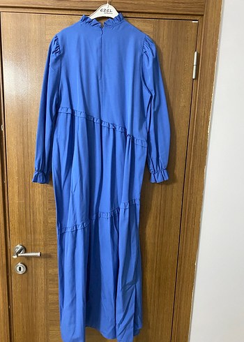 Mavi Uzun Keten Elbise, Fırfırlı, Bohem Tarz - Görsel 5