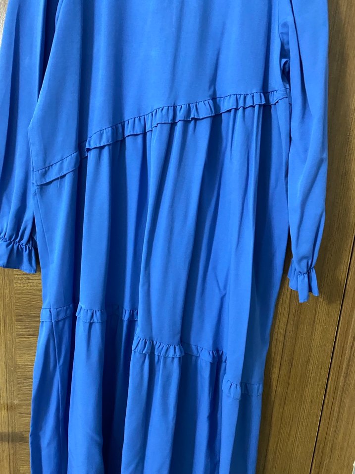 Mavi Uzun Keten Elbise, Fırfırlı, Bohem Tarz - Görsel 2