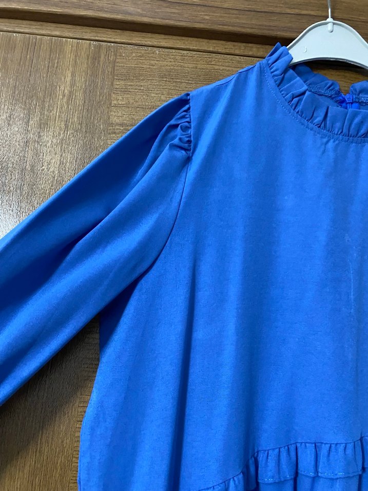 Mavi Uzun Keten Elbise, Fırfırlı, Bohem Tarz - Görsel 4