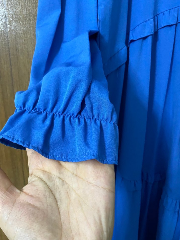 Mavi Uzun Keten Elbise, Fırfırlı, Bohem Tarz - Görsel 3