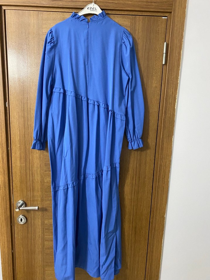 Mavi Uzun Keten Elbise, Fırfırlı, Bohem Tarz - Görsel 5